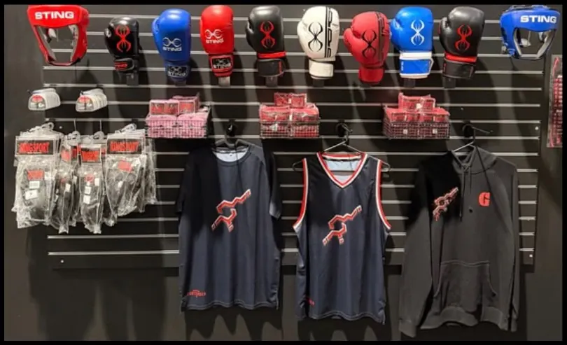 The store wall with boxing gloves, head guards and Endorphin shirts